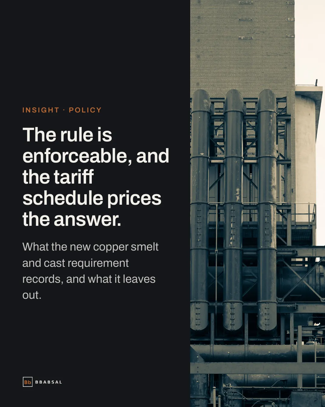 Industrial plant stacks, library photograph. Headline: the rule is enforceable, and the tariff schedule prices the answer.